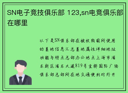 SN电子竞技俱乐部 123,sn电竞俱乐部在哪里